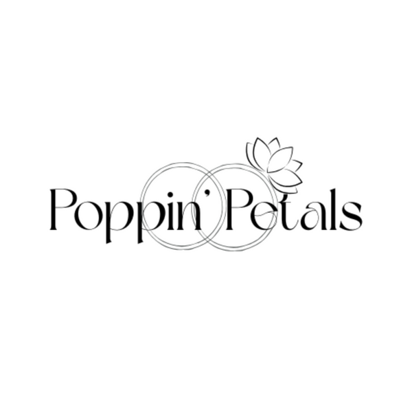 Logo for Poppin' Petals with a ring and flower design on a white background